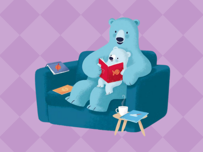 Illustration of light blue bear and reading a book on a sofa