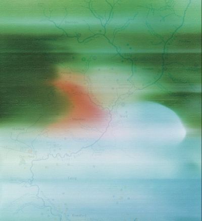exhibition image showing a canvas of blue, green and red colours