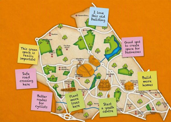 Map of Brent with sticky notes attached to various areas